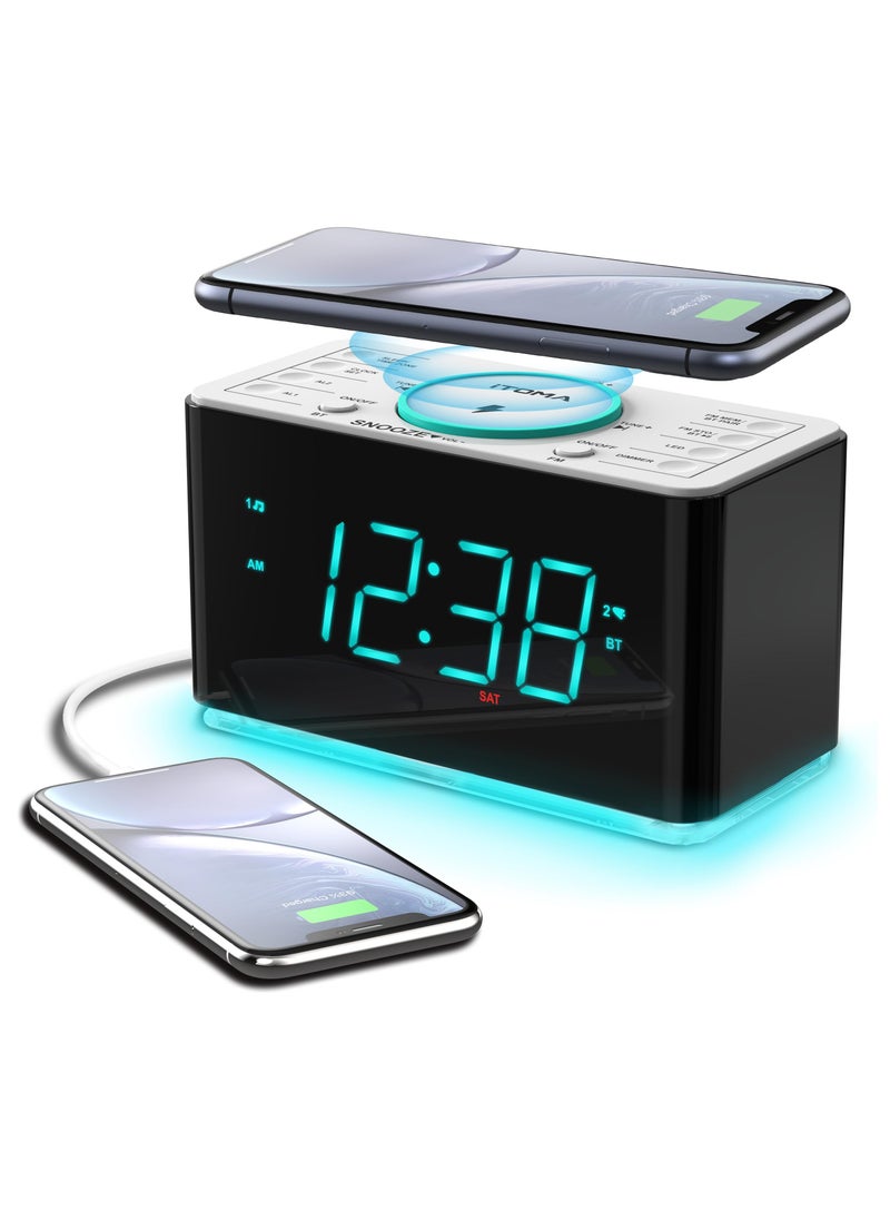 iTOMA 1.4" LED Display Digital Alarm Clock Radio with 15W Fast Wireless Charger & Bluetooth Speaker Bedside Clock with FM Radio,  LED Night Light for Bedroom, Home Office, Nightstand - Image 1