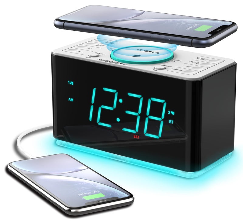 آي توما 1.4 بوصة أدى عرض راديو المنبه الرقمية ، مع شاحن لاسلكي سريع 15W والمتكلمين بلوتوث ، مع راديو FM على مدار الساعة رئيس السرير ، غرفة نوم / مكتب الأسرة / مجلس الوزراء السرير أدى ضوء الليل - Image 1