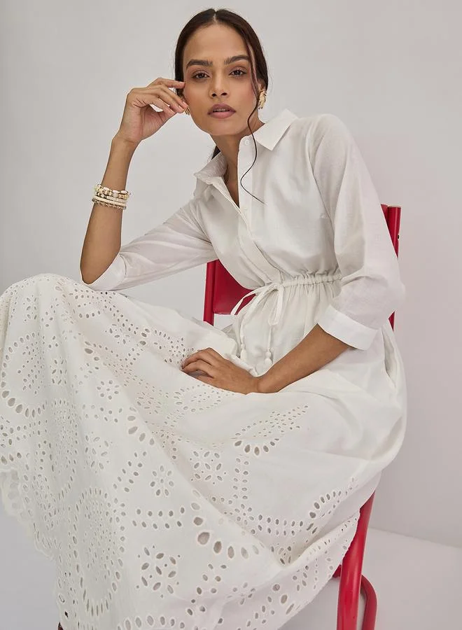 Femmella White Schiffli Hem Maxi Shirt Dress
