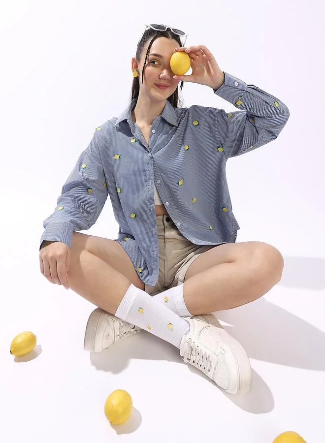 هاي ستار قميص نسائي أزرق داكن قطن % مطرز بأزرار مقاس كبير