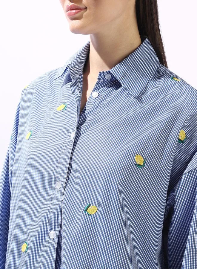 HIGH STAR Navy Blue Women's Navy Blue 100% Cotton Embroidered Button Down Oversized Shirt for Women | Best Price UAE