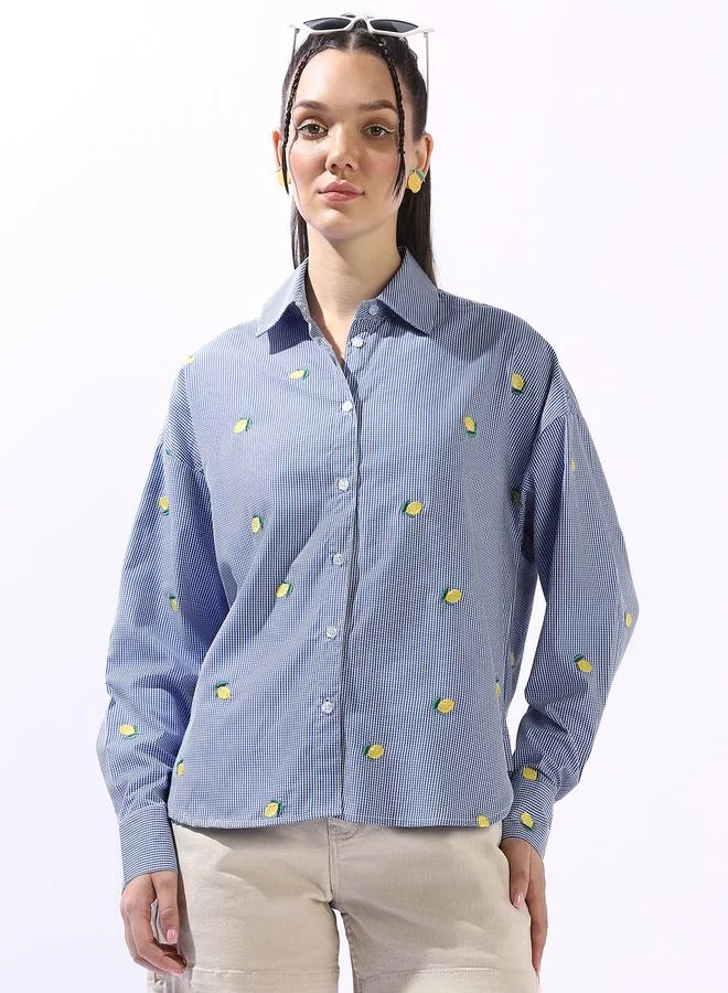 Women's Navy Blue 100% Cotton Embroidered Button Down Oversized Shirt