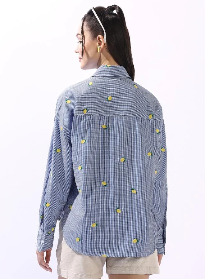 HIGH STAR Navy Blue Women's Navy Blue 100% Cotton Embroidered Button Down Oversized Shirt for Women | Best Price UAE