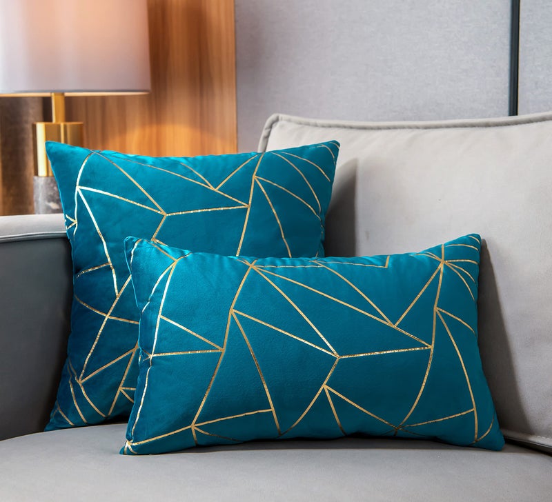 YONGLIU YONGLIU Set of 2 Velvet Cushion Cases Decorative Gold Foil Geometric Pattern Ultra-Soft Square Throw Pillow Covers for Modern Homes Couch Sofa Bedroom Living Room Car Chair (Aqua Blue YLC042  16""X16"")  - Image 4