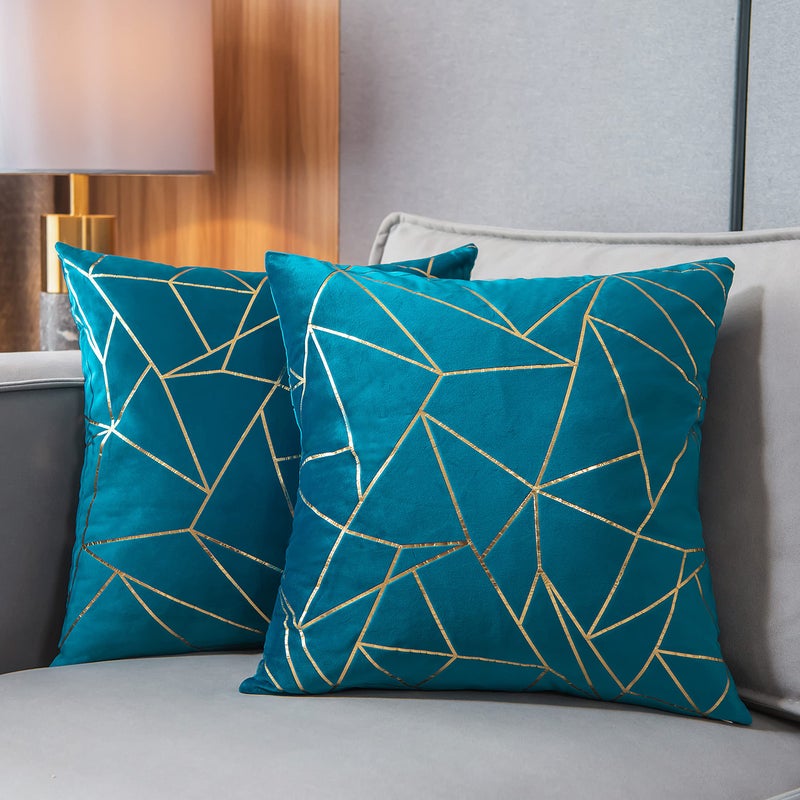 YONGLIU YONGLIU Set of 2 Velvet Cushion Cases Decorative Gold Foil Geometric Pattern Ultra-Soft Square Throw Pillow Covers for Modern Homes Couch Sofa Bedroom Living Room Car Chair (Aqua Blue YLC042  16""X16"")  - Image 1