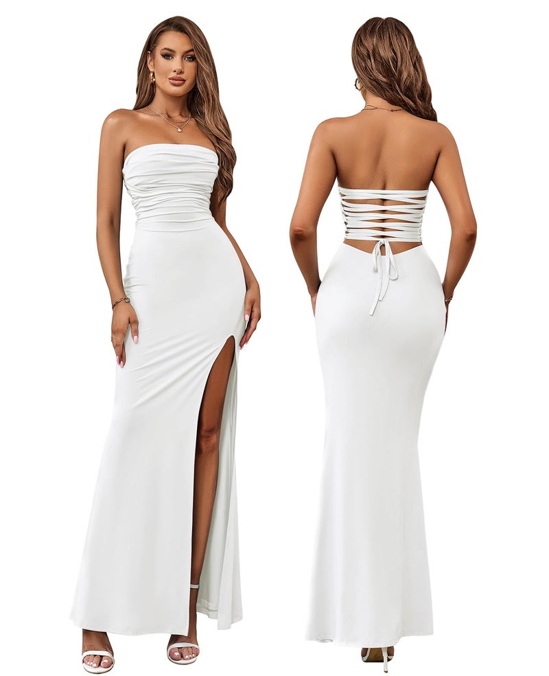 HTZMO Womens Tube Top Strapless Slit Bodycon Maxi Dress Sexy Tie Back Wedding Guest Party Long Dresses White M - Image 1