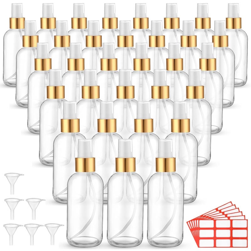 Fumete Fumete 36 Pcs Glass Spray Bottles 4oz Fine Mist Glass Spray Bottle Refillable Liquid Containers with 6 Labels 6 Funnel for Hair Travel Plants Cleaning Solutions Skin Care(Clear,Simple) 