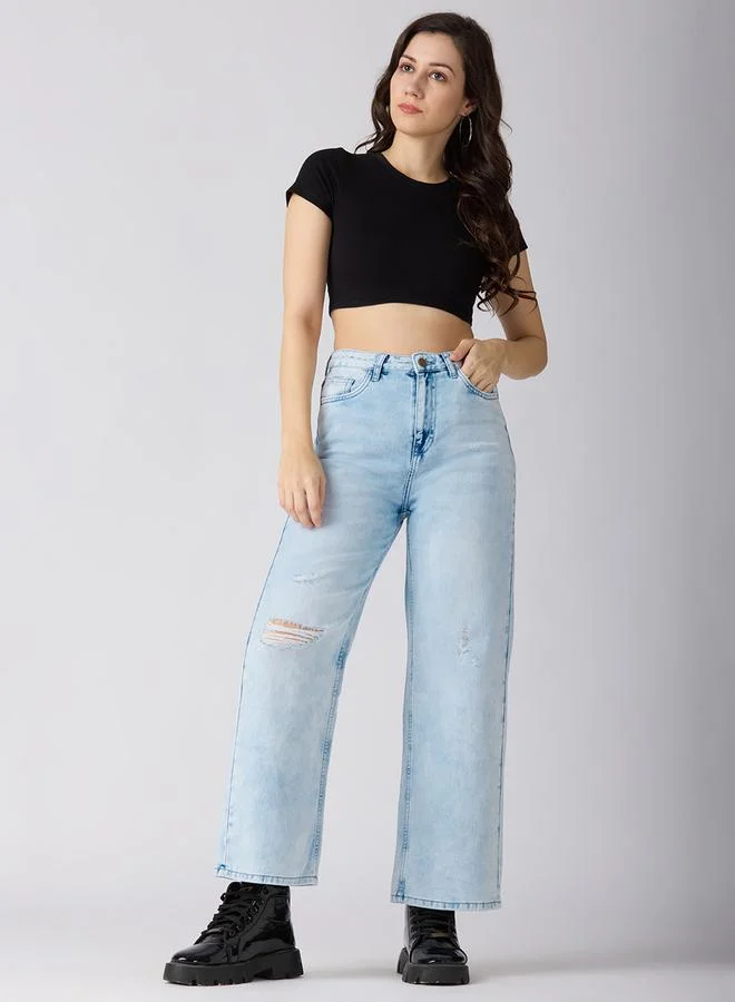 globus Light Blue Cotton Distress Wide Leg Jeans