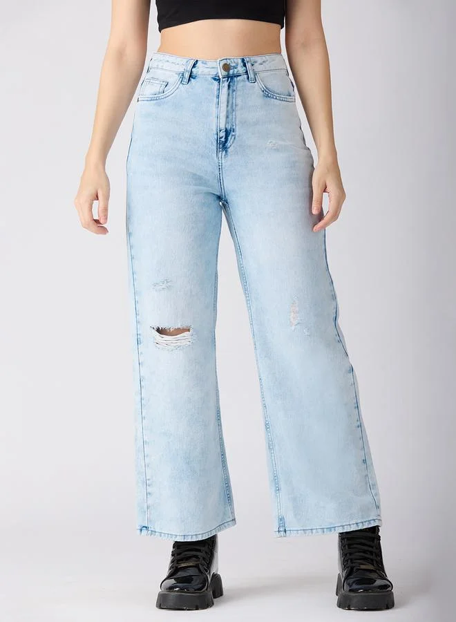 globus Light Blue Cotton Distress Wide Leg Jeans