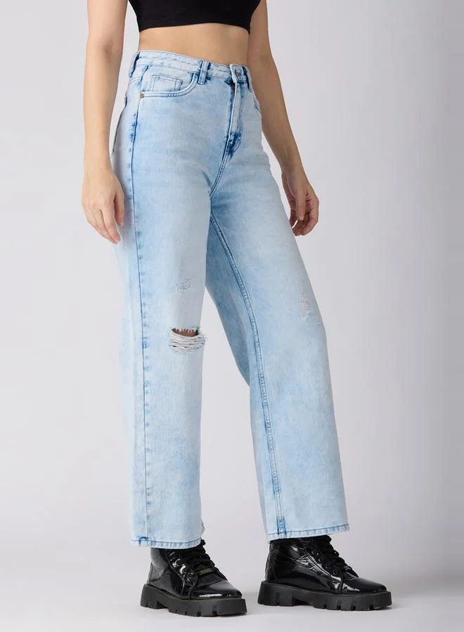 Globus  Light Blue Cotton Distress Wide Leg Jeans for Women | Best Price UAE