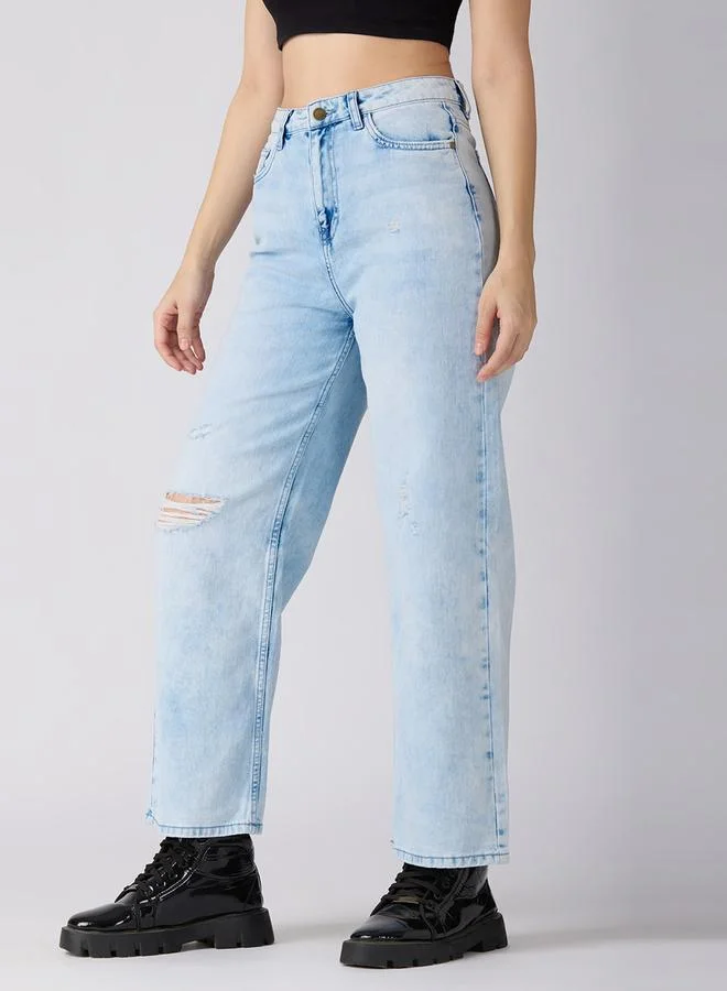 Globus  Light Blue Cotton Distress Wide Leg Jeans for Women | Best Price UAE