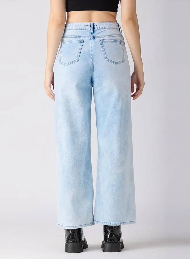 Globus  Light Blue Cotton Distress Wide Leg Jeans for Women | Best Price UAE