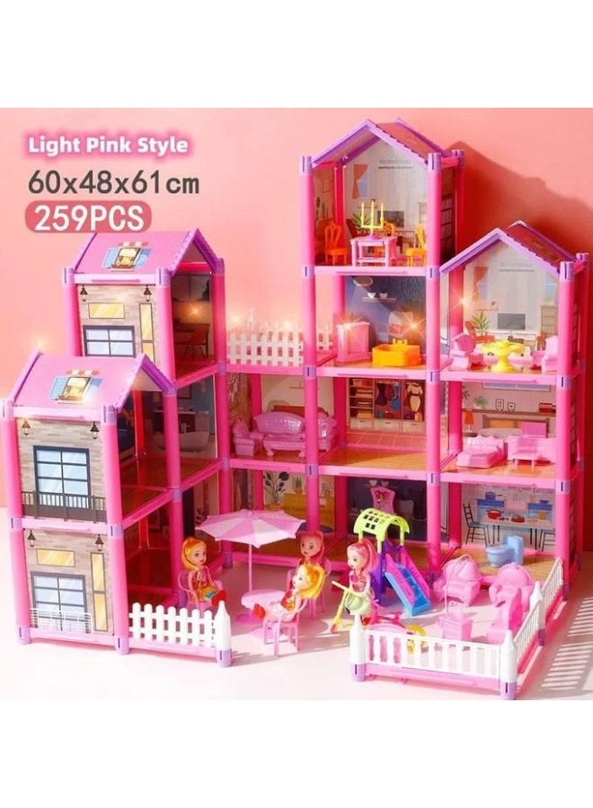 بيت دُمى فاخر بحجم جامبو – تصميم وردي أنيق يحتوي على 14 غرفة مفصلة، يشمل 259 قطعة من الأثاث والدُمى، زلاجة وأرجوحة، بقياس 60x48x61 سم، سهل التركيب، مثالي للبنات من عمر 3 سنوات وأكثر، لعبة تخيلية وهدايا مميزة - Image 1