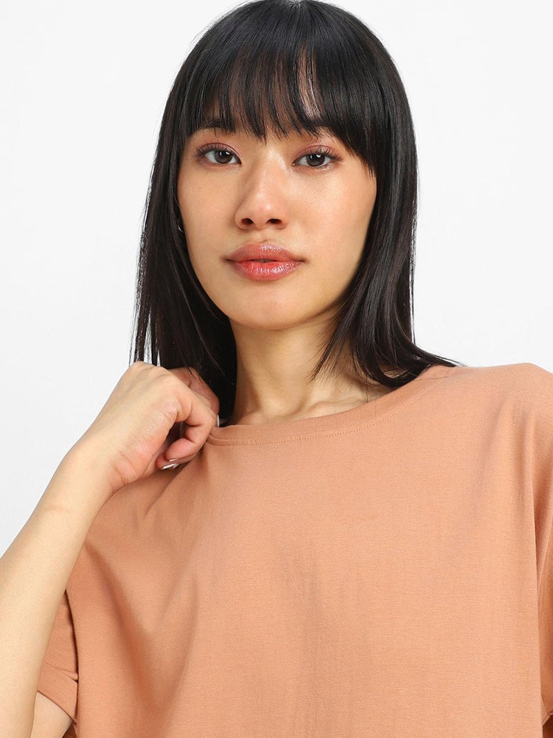 JUNEBERRY® Pure 100% Cotton Oversized Loose Baggy Fit Round Neck with Drop Shoulder Cork & Lilac Half Sleeves Boyfriend T-Shirt for Women & Girls (PO2_BF_46CR_42LL_XXL) - Image 3