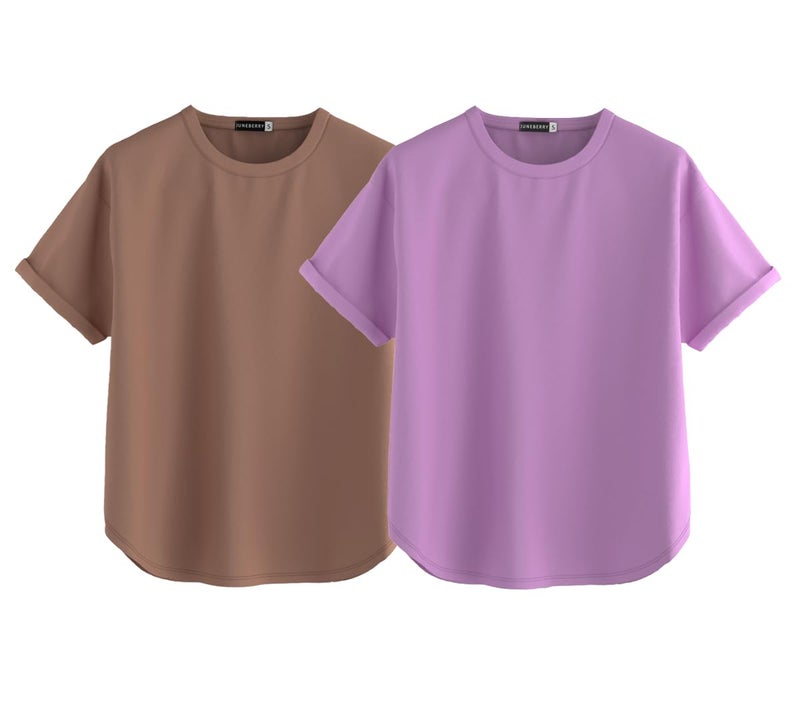 JUNEBERRY® Pure 100% Cotton Oversized Loose Baggy Fit Round Neck with Drop Shoulder Cork & Lilac Half Sleeves Boyfriend T-Shirt for Women & Girls (PO2_BF_46CR_42LL_XXL) - Image 1