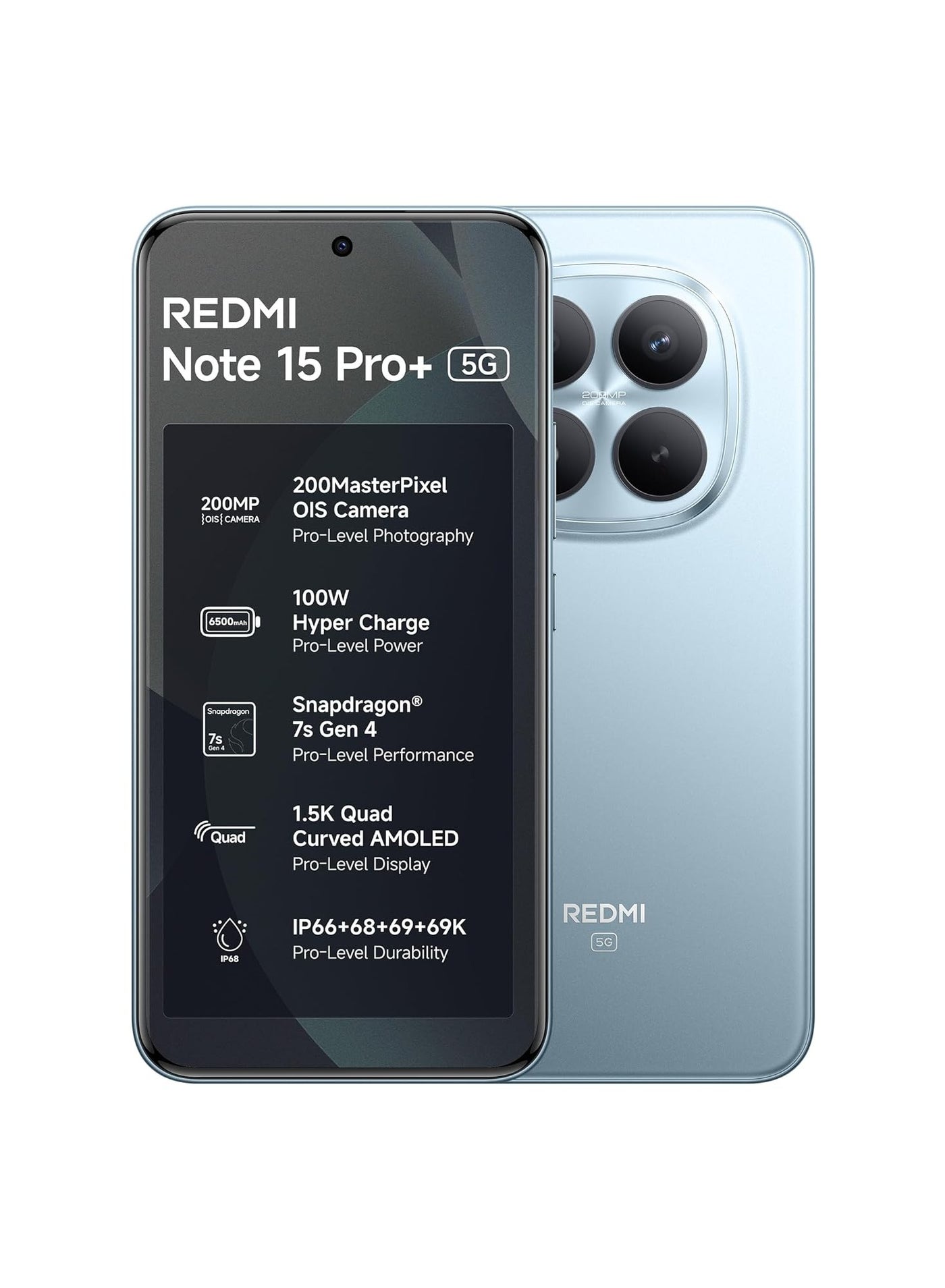 Redmi Note 15 Pro+ 5G (Mirage Blue, 8GB + 256GB) | 200MasterPixel OIS Camera | Snapdragon 7s Gen 4 | CrystalRes AMOLED | IP69/69K | 6500mAh Si/C Battery | 100W HyperCharge