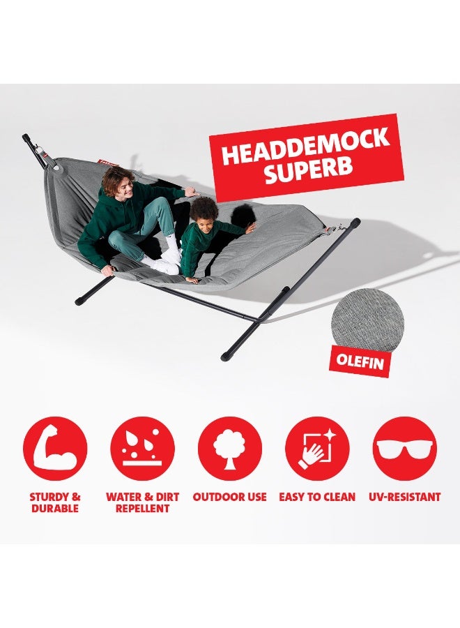Fatboy Superb Hammock Swing and Stand with Pillow | Bleach-cleanable | 150 kg Capacity | Indoor and Outdoor | 100% Olefin | Filling: Polypropylene | Stand 330x100x110 cm | 270x138 cm (Rock Grey) - Image 4