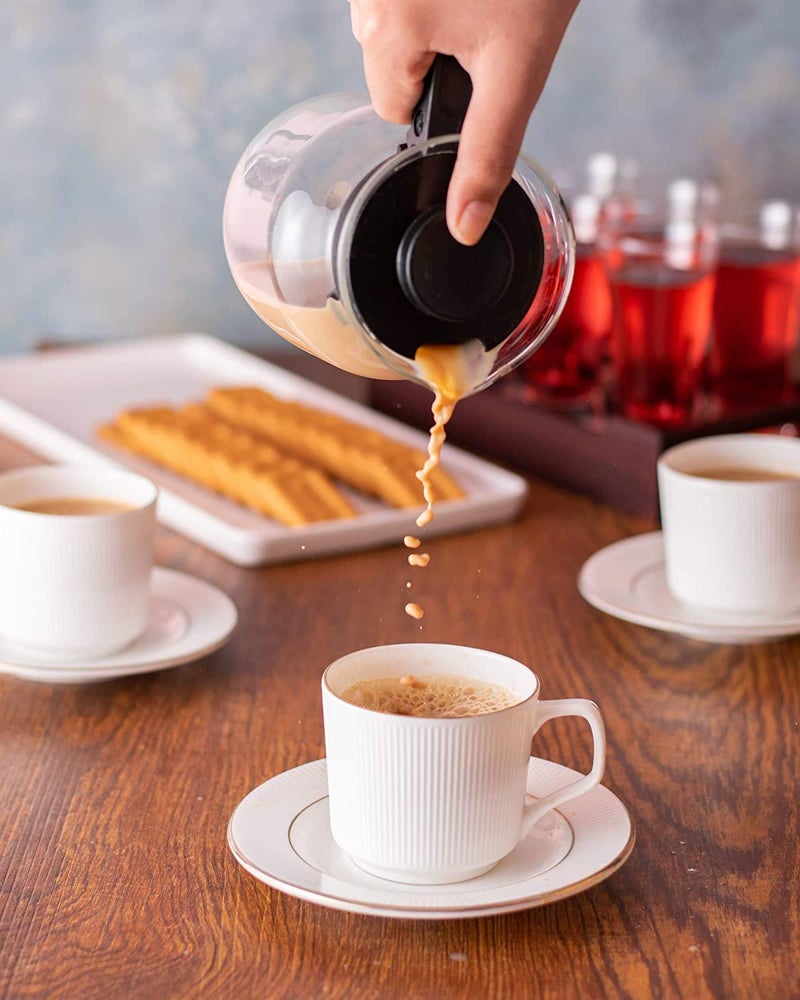 Femora Indian Ceramic Vertical Bar White Tea Cup with Saucer Set of 12 Pcs TeaCoffee Cups 200 ml Microwave Dishwasher Safe BoneAsh Free Crockery Set Ideal for Daily Use Gifting White - Image 2