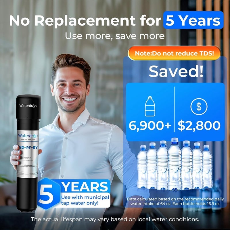 Waterdrop UA-5Y 𝟓 𝐘𝐞𝐚𝐫𝐬 Under Sink Water Filter System, Ultra Long Life, Reduces Lead, Chlorine, Bad Taste & Odor, Water Filter for Sink Faucet Direct Connect to Kitchen Faucet, USA Tech - Image 2