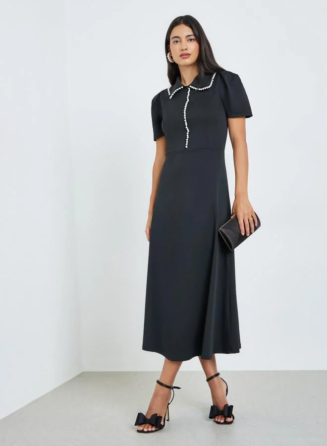 Black Pearl-Embellished Collared A-Line Midi Dress