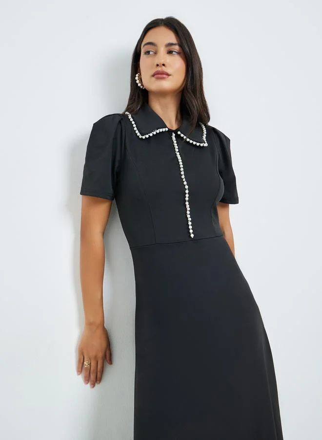 Styli Black Pearl-Embellished Collared A-Line Midi Dress