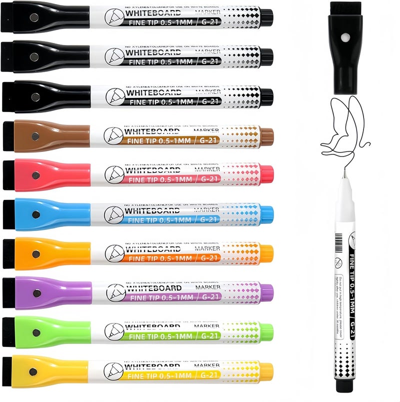 KASTWAVE 0.5mm Fine Tip Dry Erase Markers, 10-Color Set with Magnetic Eraser, Ultra-Fine Whiteboard Markers for Calendar, Notebooks, and Notepads, Multicolor - Image 1
