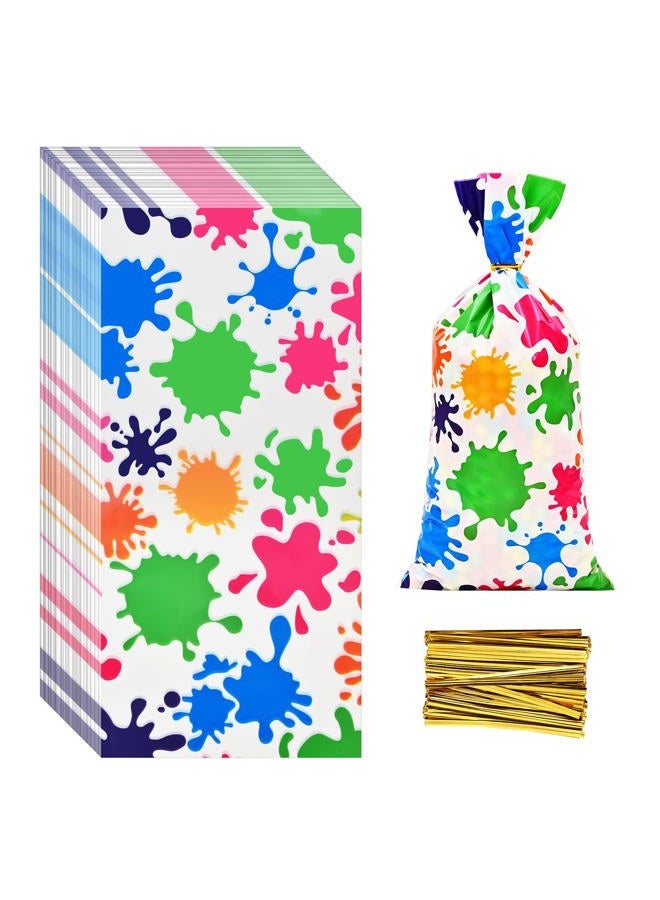 Lecpeting 100 Pcs Artist Paint Treat Bags Colorful Paint Splatter Print Cellophane Candy Bags Plastic Goodie Storage Bags Art Painting Party Favor Bags with Twist Ties for Artist Painting Theme Birthday Party - Image 1