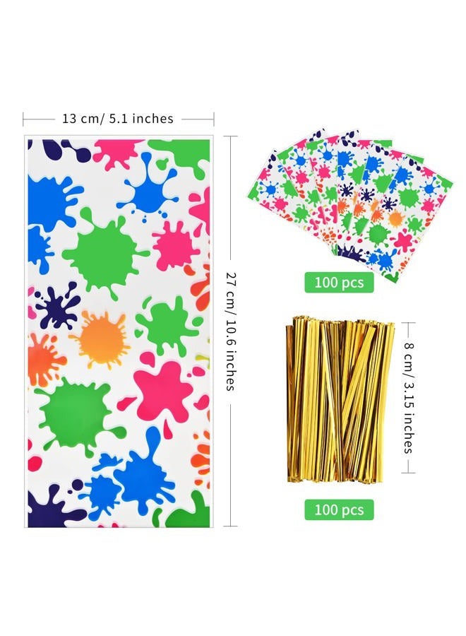 Lecpeting 100 Pcs Artist Paint Treat Bags Colorful Paint Splatter Print Cellophane Candy Bags Plastic Goodie Storage Bags Art Painting Party Favor Bags with Twist Ties for Artist Painting Theme Birthday Party - Image 2