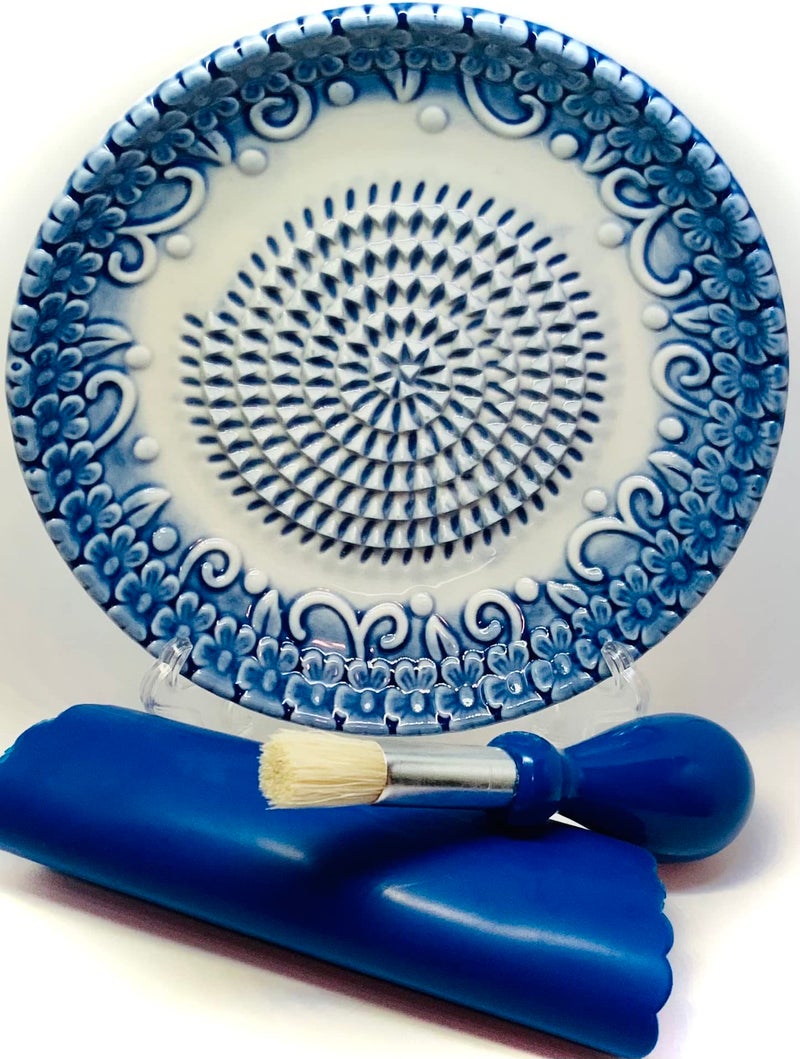 BonCera Allinone Premium Ceramic Garlic Grater Plate 4Piece Set Blue Embossed Design and Style For Garlic Ginger Chocolate and more Comes with 525 Plate Peeler Brush and Stand