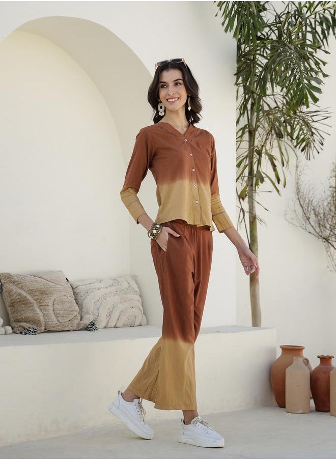 sanskrutihomes Dip Dye Printed Cotton Shirt and Pyjama Set by Styli  - Image 1