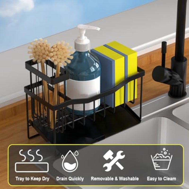 Sink Caddy Sponge Holder for Kitchen with Brush Holder and Stainless Steel Self Drain Tray, Rustproof Kitchen Sink Organizer for Sponge, Soap Dispenser Storage Accessories - Image 3
