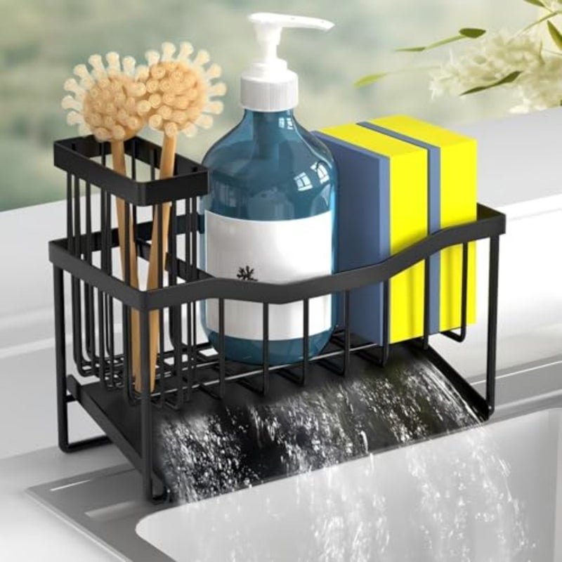 Sink Caddy Sponge Holder for Kitchen with Brush Holder and Stainless Steel Self Drain Tray, Rustproof Kitchen Sink Organizer for Sponge, Soap Dispenser Storage Accessories - Image 1
