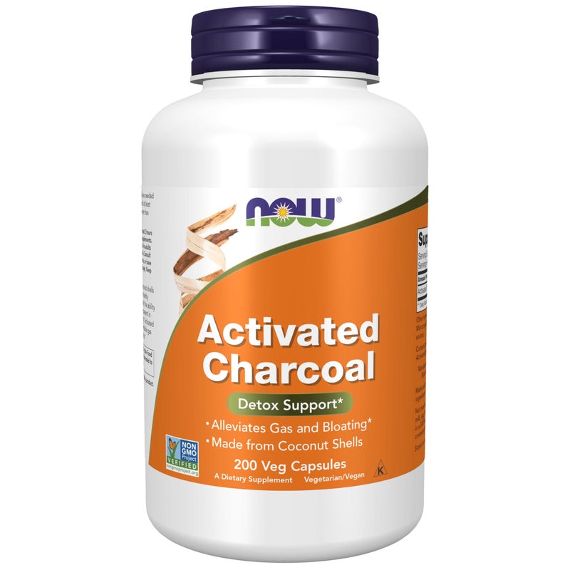 NOW Foods Supplements Activated Charcoal Made from Coconut Shells NonGMO Project Verified Detox Support 200 Veg Capsules