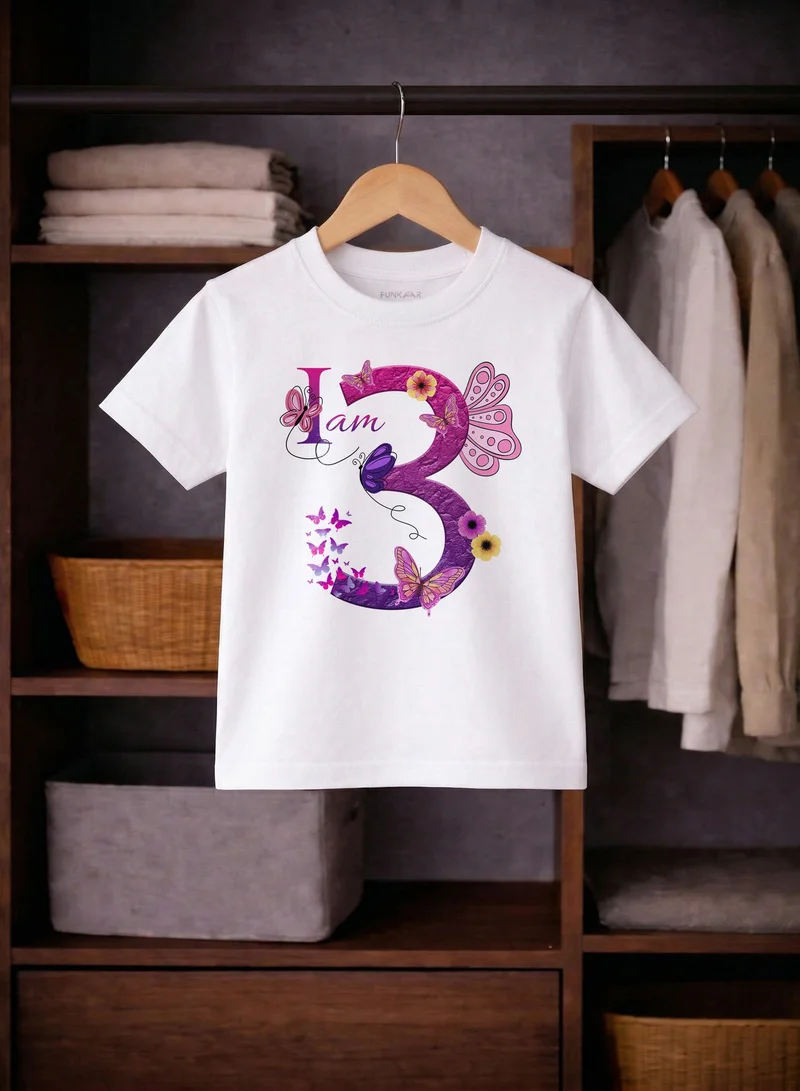 Funkaar Funkaar Birthday Girl, 3rd Year Butterfly Birthday Graphic Print T-Shirt