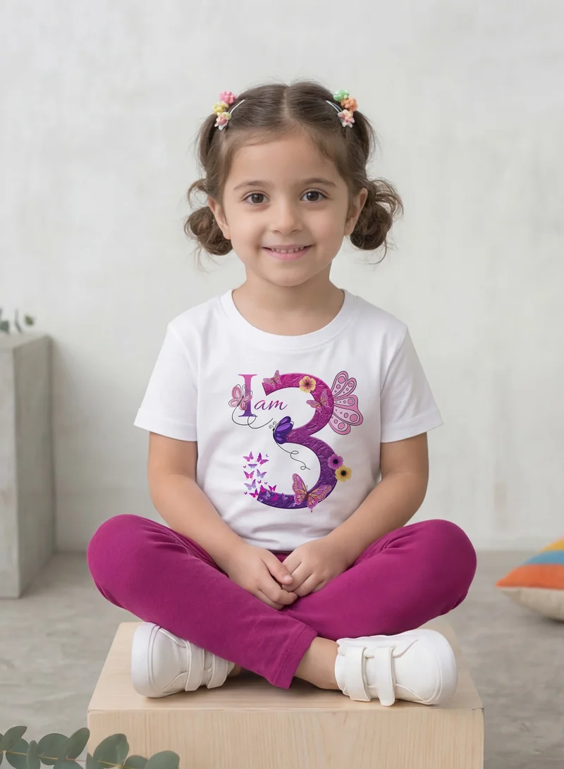Funkaar Funkaar Birthday Girl, 3rd Year Butterfly Birthday Graphic Print T-Shirt