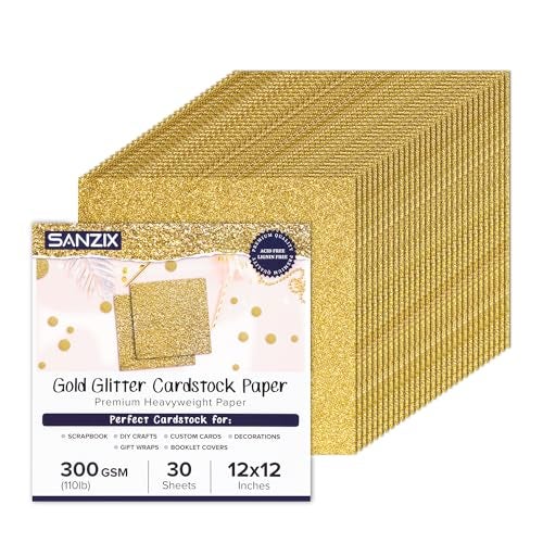 SANZIX 30 Sheets Gold Glitter Cardstock Paper 12x12" 110lb 300 GSM-Premium Gitter Sparkle Paper for Cricut, Christmas Cards, Scrapbook, DIY Crafts, Custom Cards, Decor & Gifts - Image 1