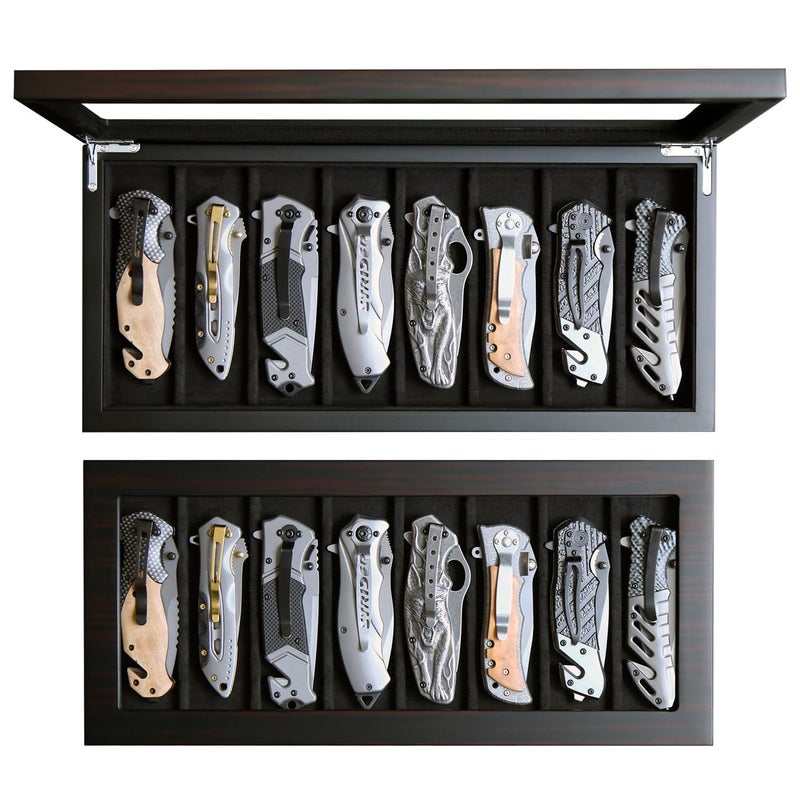 Besforu Knife Display Case Organizer storage 8 pocket knives Folding Knife Holder with Real Glass Window Top Pocket knife collection box for men gift Ebony Veneer 8 slot