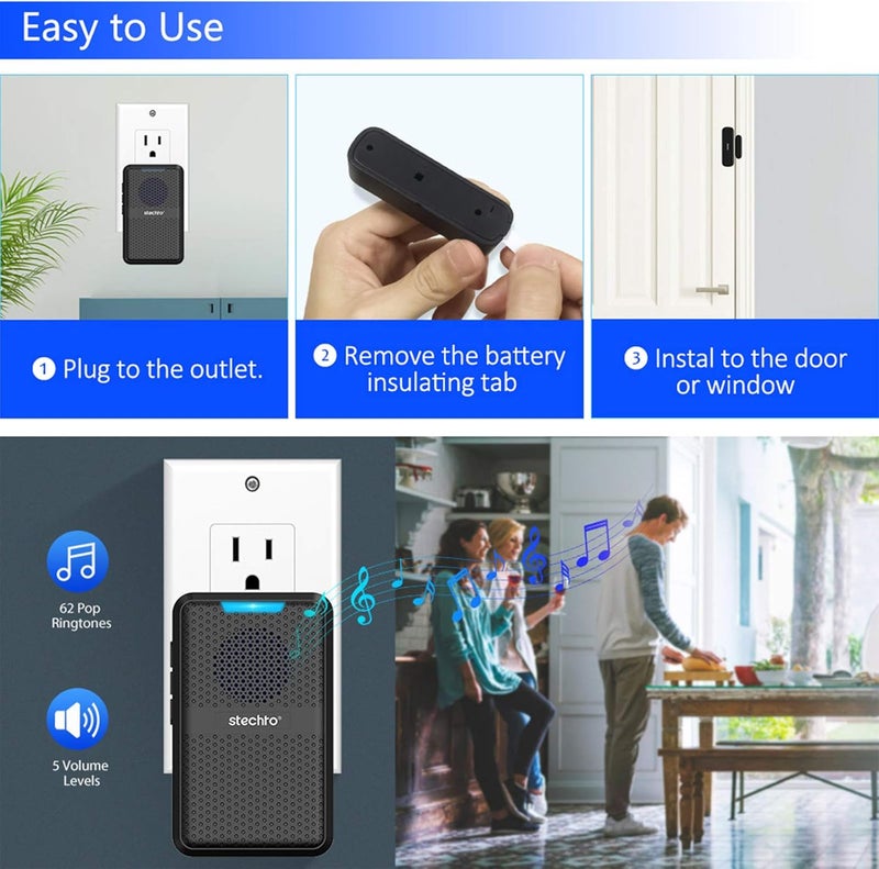 STECHRO Store Wireless Door Chime, 600Ft Range 5 Adjustable Volume 1 Magnetic Door open Contact Alarm with 62 Chimes Mute Mode Door Bell Plugin Receiver for Home/Office/Store (Black) - Image 5