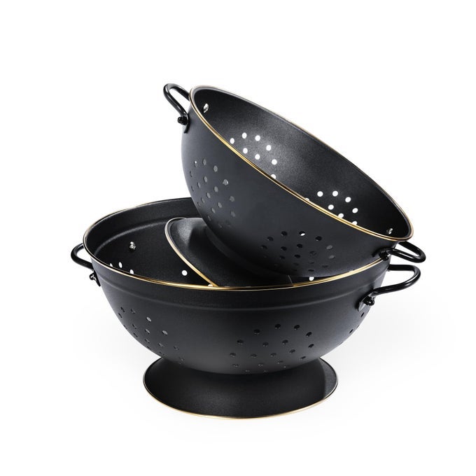METAL COLANDER SET OF 2 STRAINER BASKET WITH HANDLES PERFECT FOR SPAGHETTI PASTA BERRY VEGETABLE FRUIT SOLID BASE POWDER COATED SELFDRAINING KITCHEN COLANDER BOWEL 35 5 QT MATTE BLACK