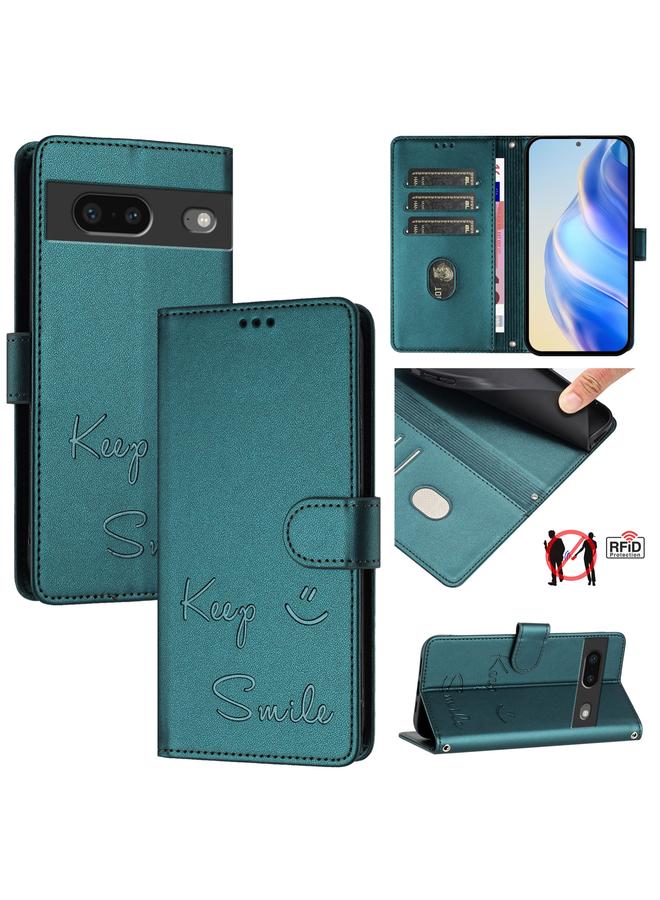 For Google Pixel 7 Smile Embossing RFID Leather Phone Case(Peacock Green)