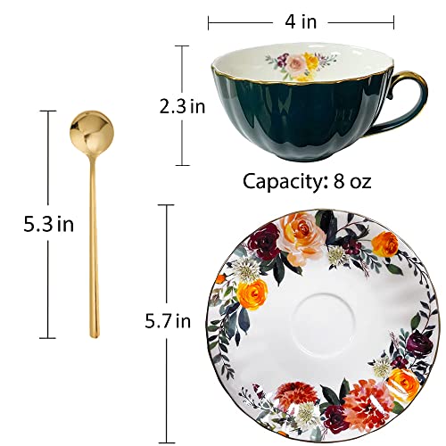 ONEUSTAR Tea Cups and Saucers Set of 2 Bone China Floral English Teacup with Spoon Coffee Cups Cappuccino Espresso Latte Mug for Christmas Gift, 8 Oz - Image 5