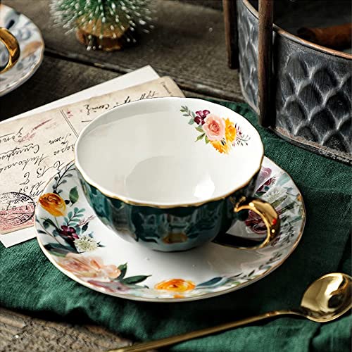 ONEUSTAR Tea Cups and Saucers Set of 2 Bone China Floral English Teacup with Spoon Coffee Cups Cappuccino Espresso Latte Mug for Christmas Gift, 8 Oz - Image 2