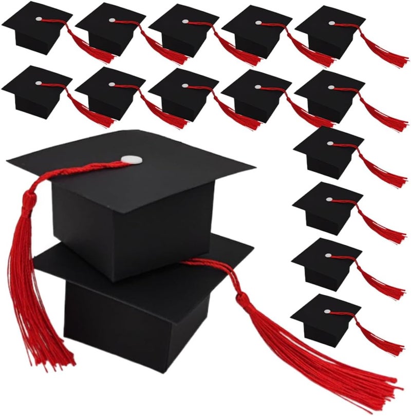 IDEANATEGRATE 50pcs Graduation Candy Boxes Black Cap Design with Red Tassel, Party Favor Boxes for Graduation Season Celebration, Keepsake Treat Containers for Guests - Image 1