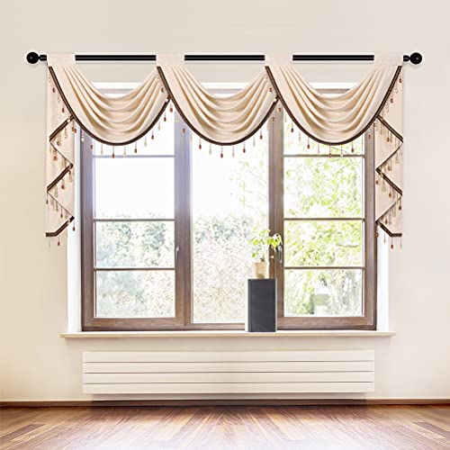 ELKCA Beige Chenille Waterfall Valance with Beads for Living Room3 Hollow Swags Valance for BedroomRod Pocket 1 Panel