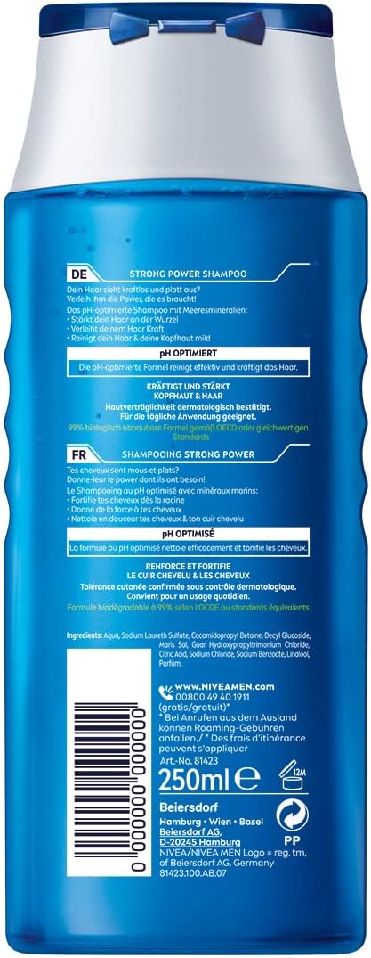 شامبو نيفيا للرجال قوة قوية شامبو شعر قوي بدون سيليكون وميكرو بلاستيك شامبو للرجال مع معادن بحرية وصيغة محسّنة لدرجة الحموضة 250 مل