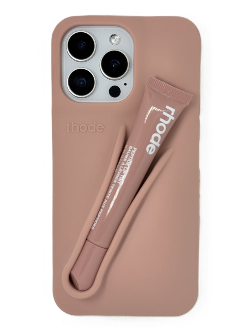 rhode Silicone Lipstick Holder Case for iPhone 14 Pro Max, Built-in Lip Balm & Lipstick Slot, Shockproof Slim Cover with Camera Protection, Soft Grip (Sandy Beige) - Image 2