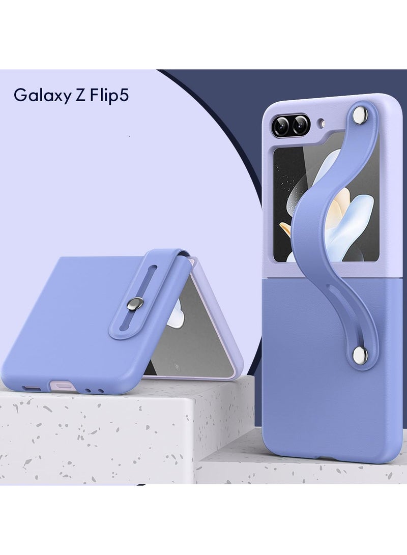 SOLARAE Wrist Strap Case for Samsung Galaxy Z Flip 5, Cute PU Leather Case with Kickstand Luxury Hard PC Phone Case Fashionable Leather Case Case with Expansion Stand for Galaxy Z Flip 5 (Light Blue+Purple) - Image 5