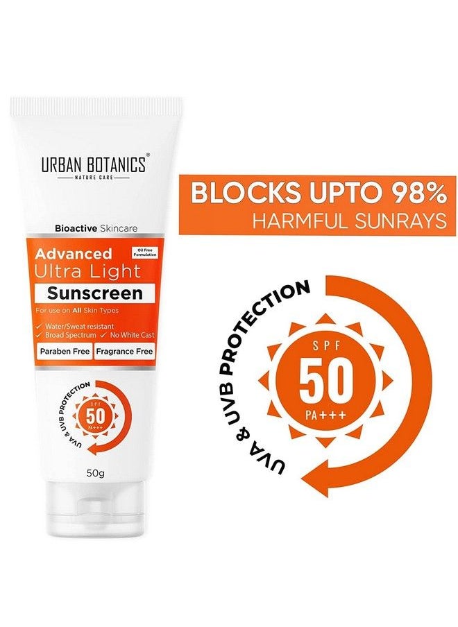 UrbanBotanics Advance Ultra Light Sunscreen Spf 50 Pa+++ Oil Free Non Comedogenic Water/Sweat Resistant Protect Against Uva/Uvb Rays Zero White Cast For Men & Women 50G  - Image 3
