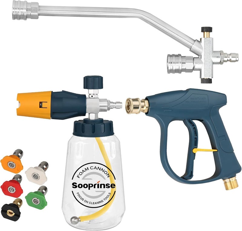 Sooprinse Pressure Washer Foam Cannon with Short Pressure Washer Gun, Dual Connector Accessory, Snow Soap Attachment for Car Wash, 5 Nozzles Tips with 1/4” Quick Connect， 4000 PSI - Image 1