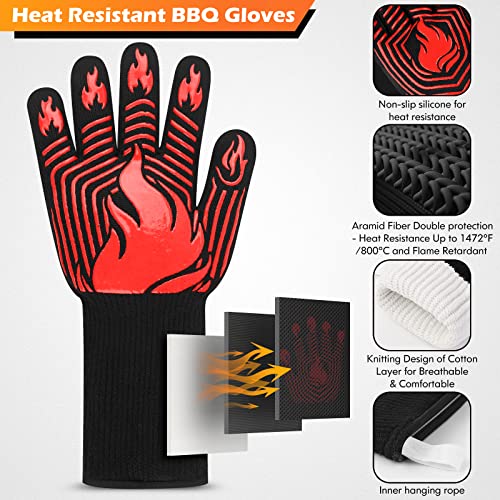 KUWANI BBQ Gloves, 1472°F Heat Resistant Gloves Fireproof Mitts，Grilling Gloves Silicone Non-Slip Washable Oven Gloves, Kitchen Gloves for Barbecue, Grilling, Cooking, Baking, Camping, Smoker (Red) - Image 3